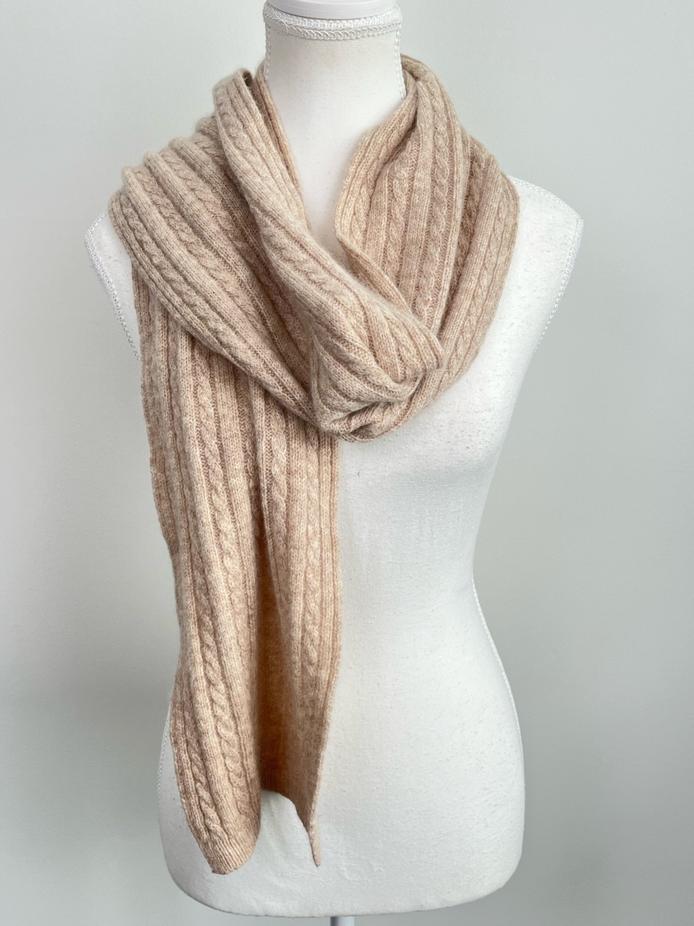 Lauren Ralph Lauren light beige lambswool angora blend cable knit scarf.